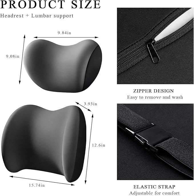 Car Headrest & Lumbar Support Cushion, Ergonomic Memory Foam Car Neck Back Support w/Removable Cover, Universal Breathable Lumbar Cushion Headrest Pillow with Adjusatble Strap (Gray)