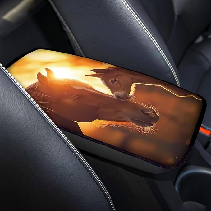 Horse Pattern Auto Center Console Armrest Pad, Soft Armrest Cover Pad for Vehicle, SUV, Truck Car Accessories Interior Decor,Universal Fit