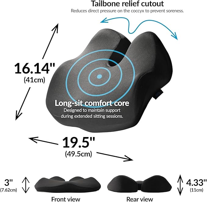 Everlasting Comfort Elevate Series Doctor Recommended Memory Foam Seat Cushion for Office Chairs & Car - Ergonomic Office Desk Accessories - Cushions for Tailbone Pain Relief, Sciatica