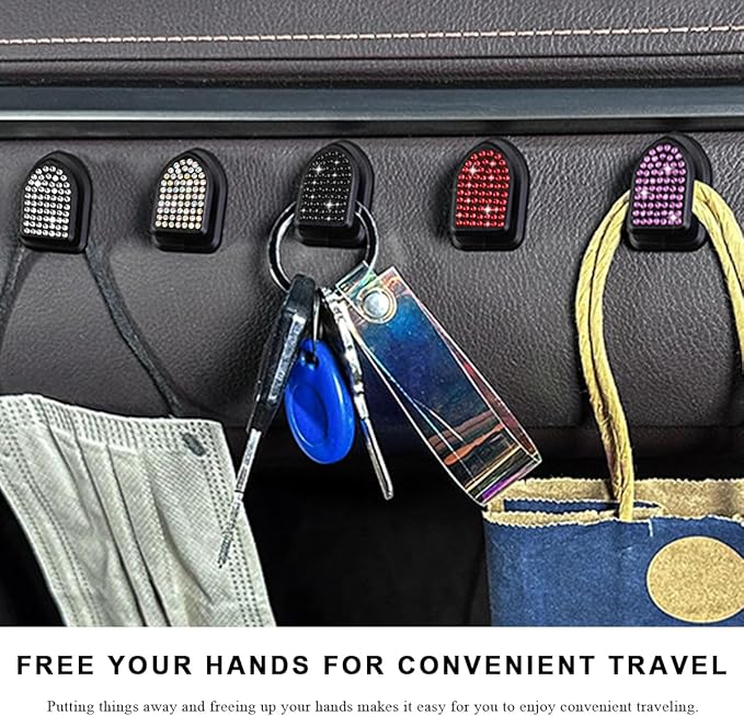 4 PCS Bling Car Mini Hooks, Cute Rhinestone Adhesive Back Seat Auto Hangers, Multifunctional Crystal Hanging Storage Hook for Vehicle Dashboard Wall Hat Coat Towel Key (Colorful)