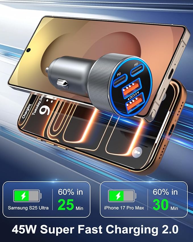 Car Charger USB C, 90W Multi Port Dual 12V Cigarette Lighter USB Charger QC 3.0/PD 45W Super Fast Charging Car Phone Charger Plug Adapter for iPhone 17 16e 15 14 13 12 Pro Max Pad Android(Gray)