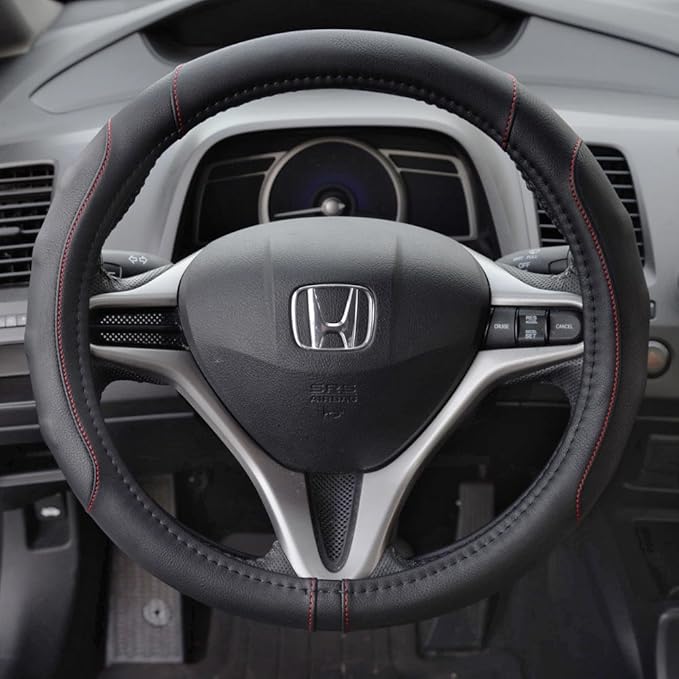 Motor Trend Ergonomic Steering Wheel Cover/Protector for Small Size Steering Wheels in Cars, SUVs, Boats (13.5-14.5") - Grip Drive Pro Comfort Grip (Black/Red Stitching)