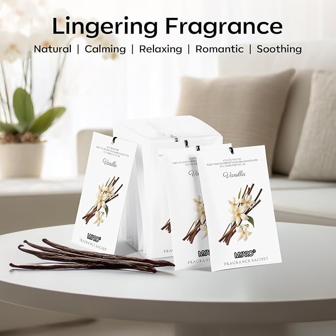 MYARO 12 Packs Vanilla Scented Sachets for Drawer and Closet, Long-Lasting Closet Sachet Bags Drawer Deodorizers Fresh Scents, Home Fragrance for Lover
