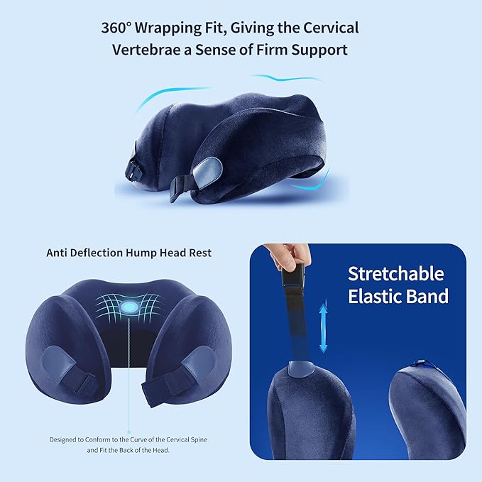 Neck Pillow for Airplane Travel Memory Foam - 360° Support for Long Flights & Car/Office Use, Machine Washable Pain Relief Pillow with Breathable Cover (Gemstone Blue)