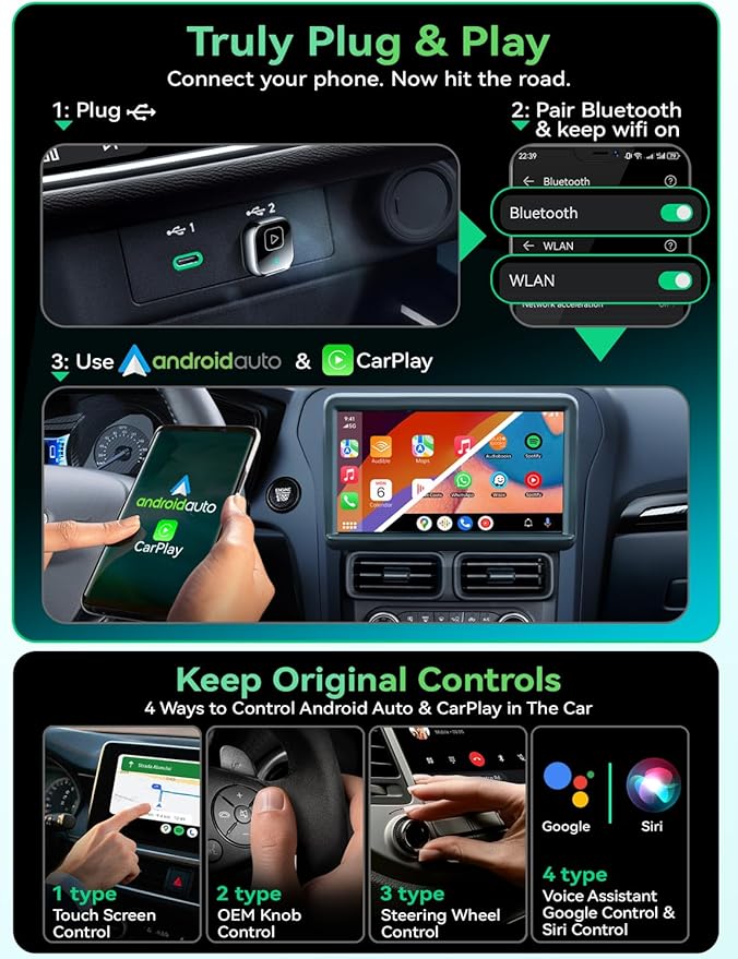 Wireless Carplay & Android Auto Adapter, Metal Design Mini & Stable 2-in-1 Dongle, Convert Vehicle's Wired CarPlay/Android Auto to Wireless, for iOS 10+/Android 11+ & Cars from 2016
