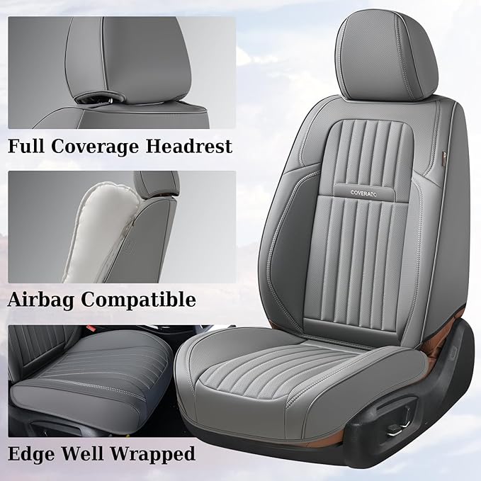 Coverado Car Seat Covers Full Set, Gray Car Seat Cover, Seat Covers for Cars, Waterproof Car Seat Protector, 5 Pieces Nappa Car Seat Cushion, Car Seat Covers Front Seats and Back Fit for Most Cars