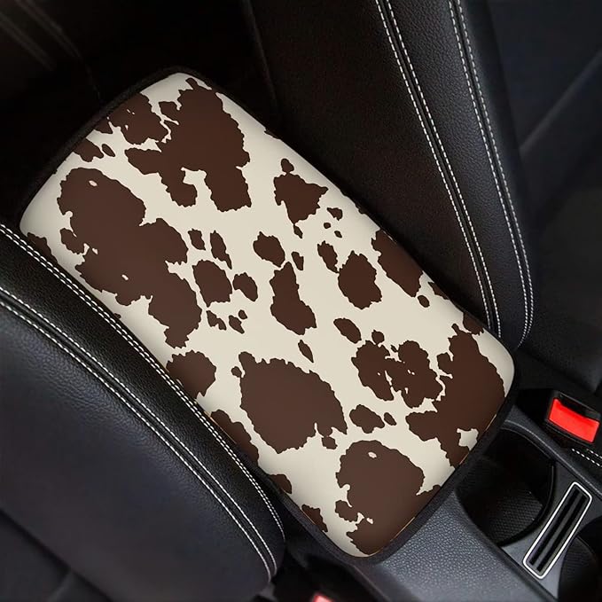Dreaweet Brown Cow Print Auto Center Console Pad, Breathable Car Armrest Seat Box Cover Protector Universal Fit Cushion for Most Cars