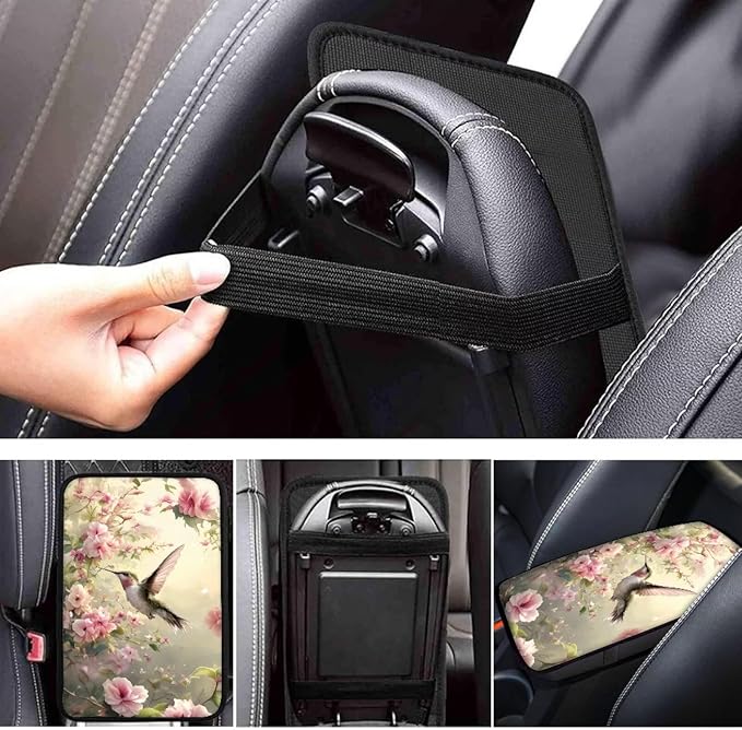 Flower Hummingbird Armrest Cover Pad for Car Soft Car Center Console Cushion Pad, Protect from Pet Claws, Sticky Fingers, Hummingbird Automotive Accessories