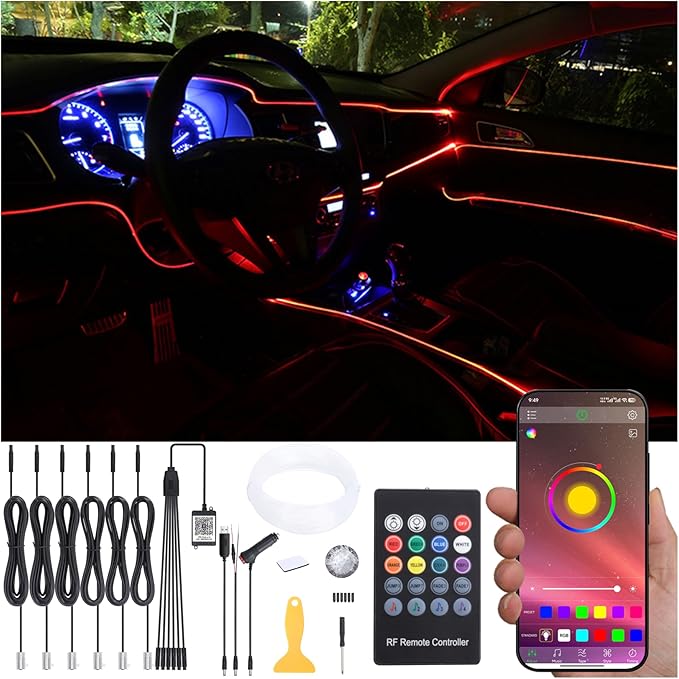 Car Ambient Lighting Kit 64 Colors Multicoloured Music Optic Fiber RF Remote + APP Control Car DIY Decorative Atmosphere Lighting DC 12V 1W 8m
