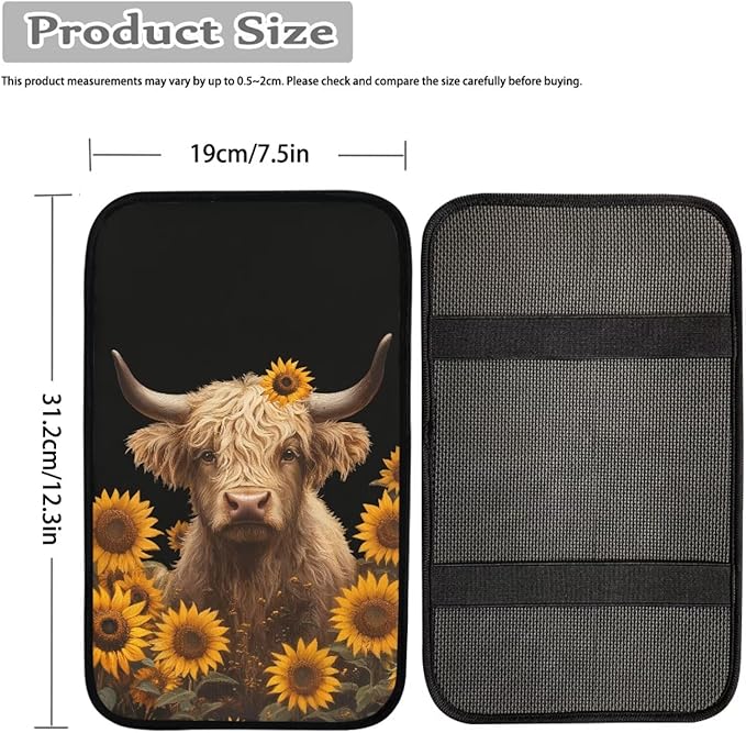 Highland Cow Print Car Center Console Pad Sunflower Print Armrest Seat Box Cover Protector for Auto Interior Decor Dust-Proof Universal Neoprene Armrest Pad