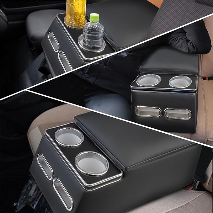 Center Console Organizer Armrest Storage Box with Cup and Phone Holder for Car & Van & Truck Floor Cab Back Bench Seat Black