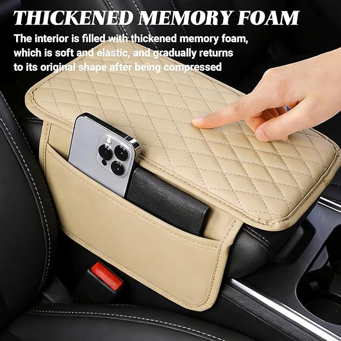 Car Center Console Cover, Upgraded Microfiber Car Armrest Cover Cushion, with 2 Storage Bags Scratch, Resistant Leather Cars Armrest Storage Box Universal Vehicles Accessories (Beige)