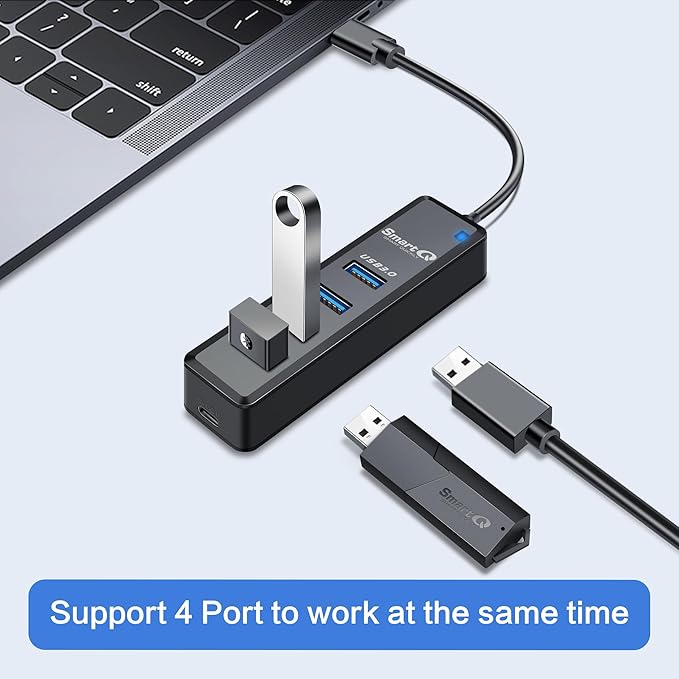 SmartQ USB C Hub 4 Ports, USB Hub with 4 USB 3.0 Ports, Powered Type-C Splitter for Laptop, MacBook Pro, iMac, iPad Pro, Chromebook, Pixelbook, Galaxy S23 and More Devices