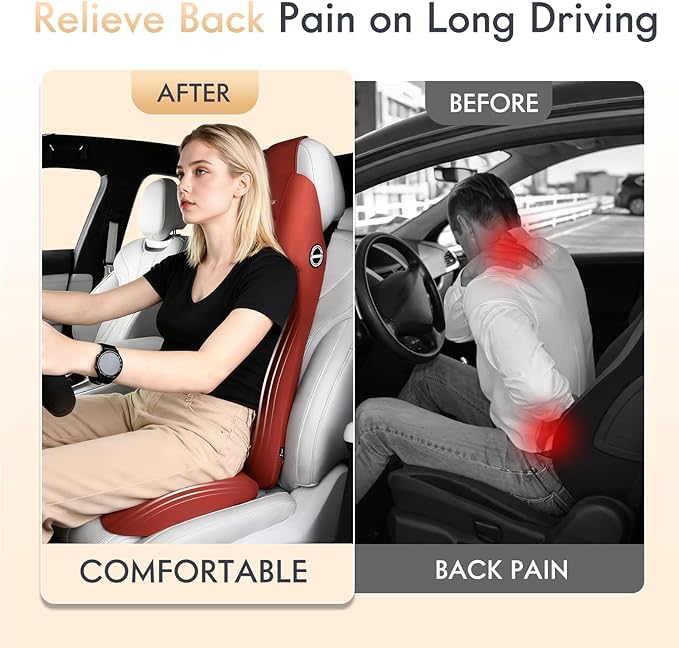 FLORICH Memory Foam Car Seat Cushion with Lumbar Support Headrest Pillow 2-in-1 Ergonomic Back Support and Neck Pillow Car Cushion for Driving Seat Back Rest Pillow Pressure Sciatica Pain Relief, Red
