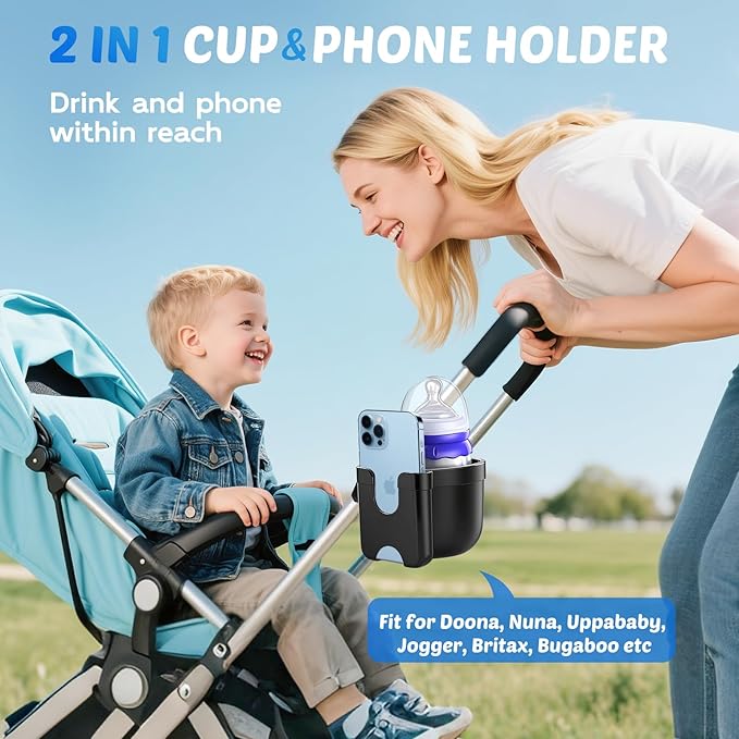 Guiseapue Cup Holder for Walker: Stroller Cup Holder Attachment with Phone Holder, Wheelchair/Stroller Accessories for Rollator, Bike, Scooter, Baby Essentials, First Mother‘s Day Gifts for New Mom