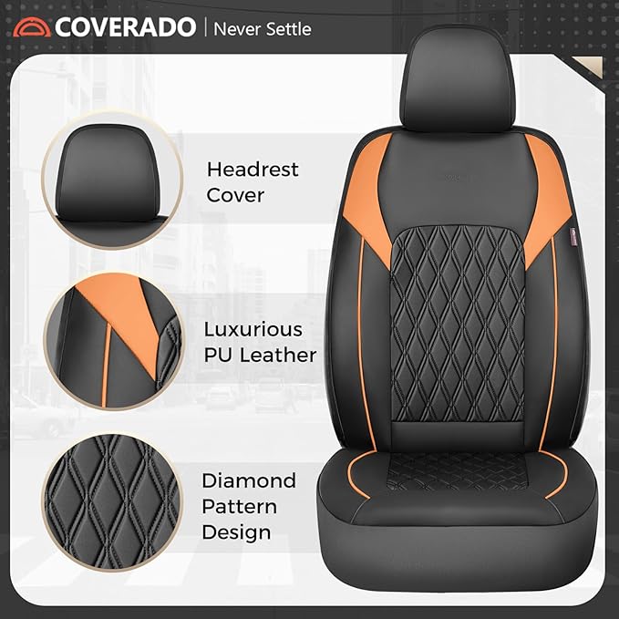 Coverado Seat Covers for Cars, Automotive Seat Covers Front Seats, Waterproof Car Seat Covers, Car Seat Cushion, Faux Leather Car Seat Protector Carseat Cover Universal Fit Most Cars, Black&Orange