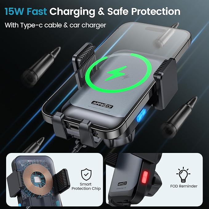 APPS2Car Wireless Car Charger Mount CD Slot Auto Clamping 15W Fast Charging CD Phone Holder for Car Wireless Charger Fit for iPhone 17 16 15 14 13 12 Pro Max, Samsung S25 S24, Google, LG etc.