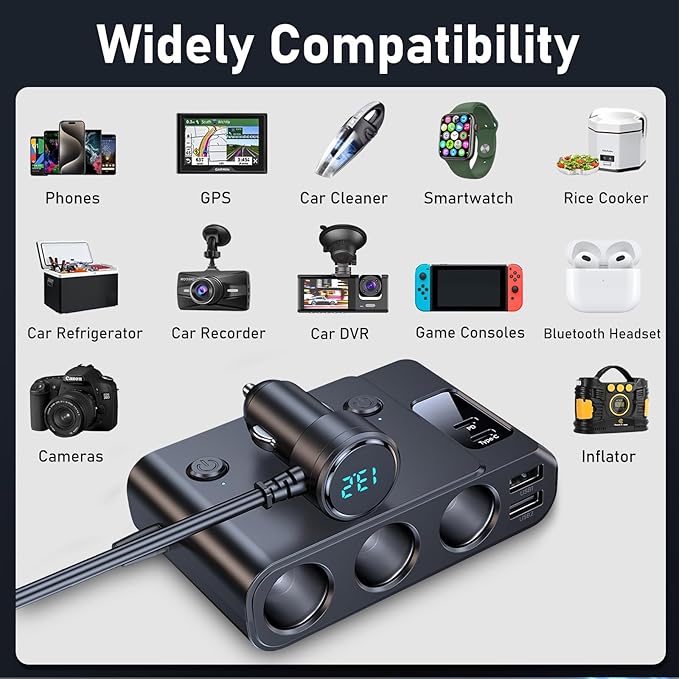 7 in 1 Cigarette Lighter Splitter, Tendak 150W Car Adapter with PD30W Type-C & 2 USB Charging Ports, LED Voltmeter, Independent Switches, Plug Outlet 12V/24V (3.3ft Cable)