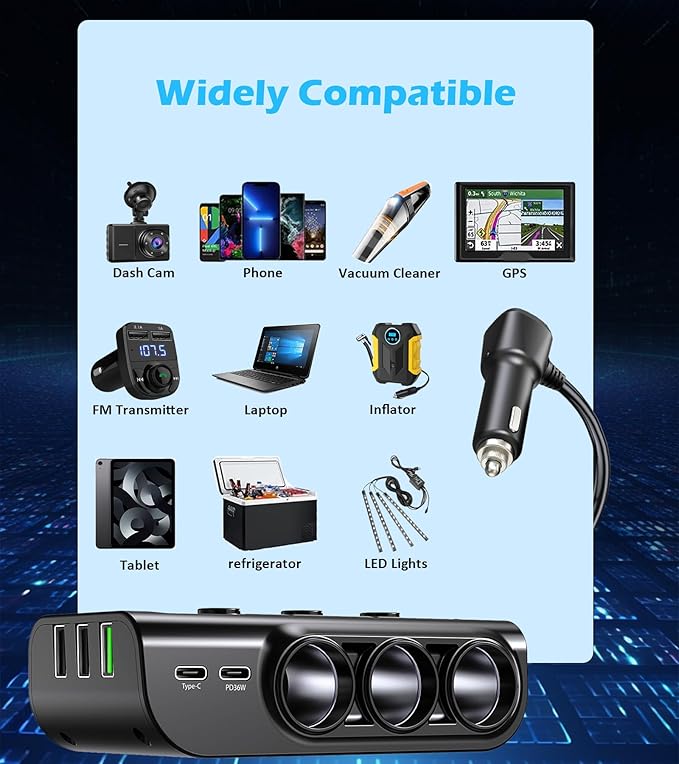 8 in 1Cigarette Lighter Splitter,LIHAN 3 Expander Socket Car Charger Adapter & 5 USB Ports(Type-C PD36W/QC3.0),12V/24V Plug,120W Outlet with LED Voltmeter,3.3FT Cable for Car,Truck,SUV,RV,Camping