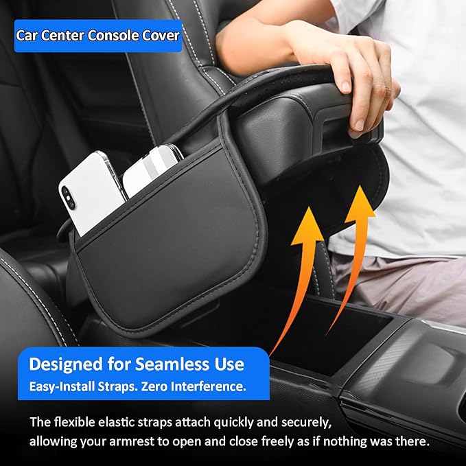 Car Center Console Cover with Storage Bags, Leather Armrest Pad Protector for SUV, Sedan, Truck Interior Accessories (Black)