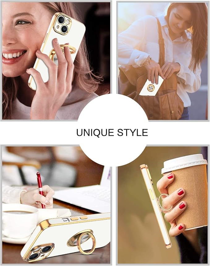 VENINGO iPhone 14 Case,Phone Cases for iPhone 14,Slim Fit Soft 360° Ring Holder Kickstand Magnetic Car Mount Supported Easy Clean Shockproof Protective Cover for Apple iPhone 14 6.1" 2022,White/Golden