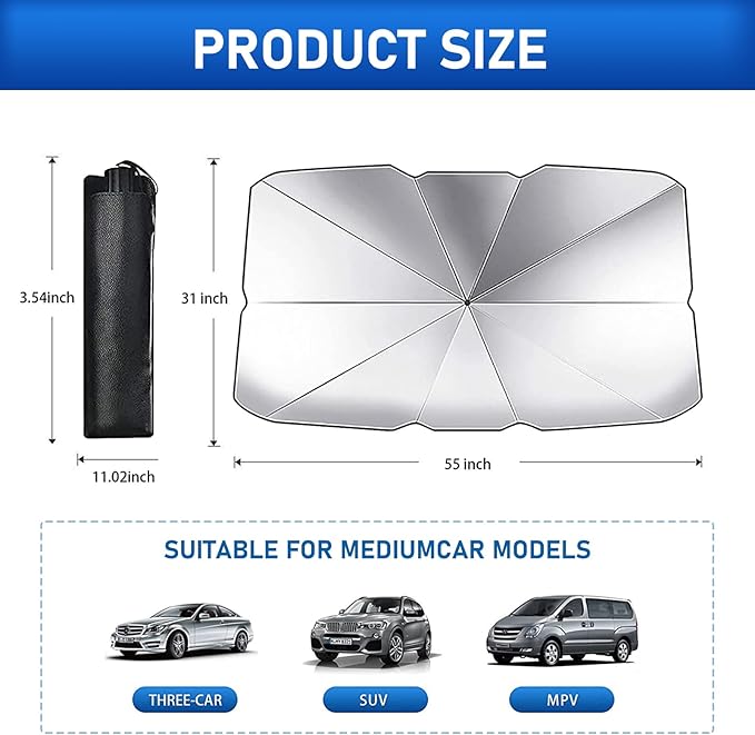 1 PC Windshield Sun Shade for Car, Foldable Reflective Sunshade for Car Front Window Protect Vehicle from UV Sun and Heat, Keeps Vehicle Cool Fit Most Vehicles (55 x 31 inches)