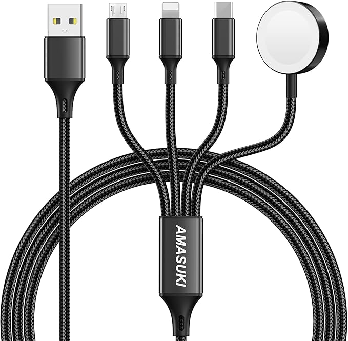 Amasuki Travel Essentials,4 in 1 for Apple Watch Charger/iPhone Charger/Multi Charging Cable,Vacation RV Camping Essentials,USB C/L/Micro Portable Charger for iWatch 11-1/iPhone 17-12,Car&Gift-Black