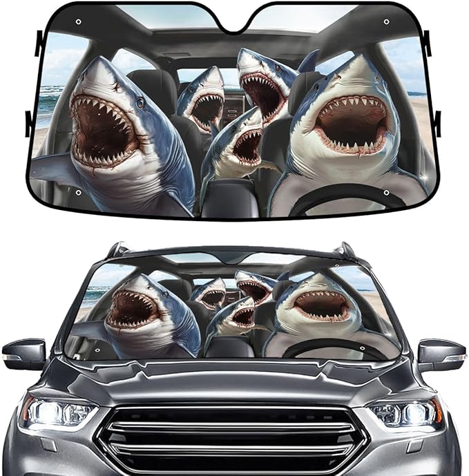GENANY Shark Family Windshield Sun Shade for Car SUV Truck (55x30 Inches), Great White Shark Sun Shade Windshield, Shades for Front Windows, Halloween Auto Gift, Christmas Car Decor