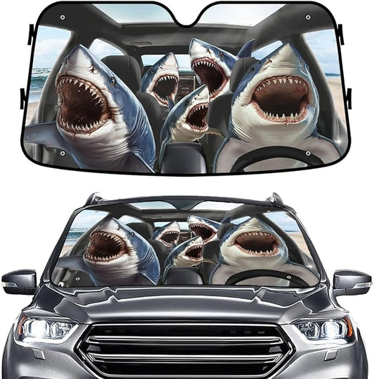 GENANY Shark Family Windshield Sun Shade for Car SUV Truck (55x30 Inches), Great White Shark Sun Shade Windshield, Shades for Front Windows, Halloween Auto Gift, Christmas Car Decor