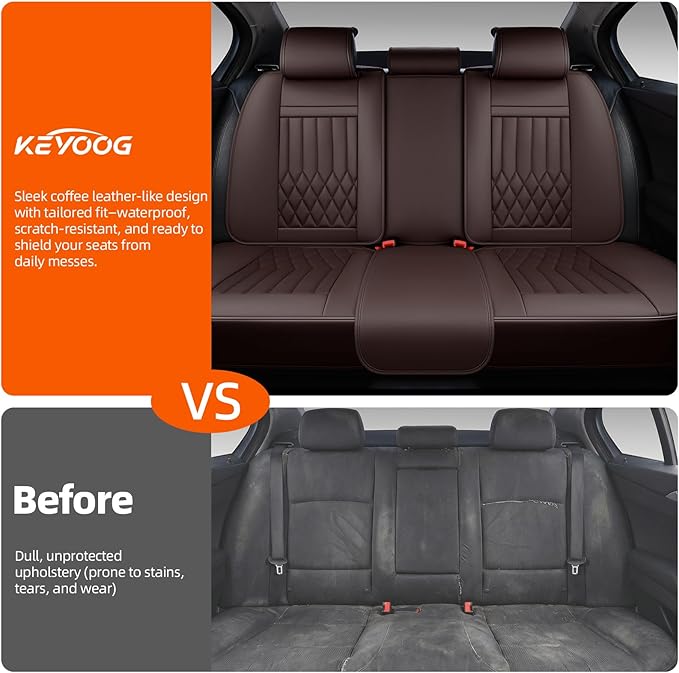 KEYOOG Premium Nappa Leather Car Seat Covers Full Set, Universal Fit for Most Sedans, SUVs - Waterproof & Breathable, Compatible with Honda Civic, Toyota Corolla, Jeep Cherokee/ 5-Seater, Luxury Brown