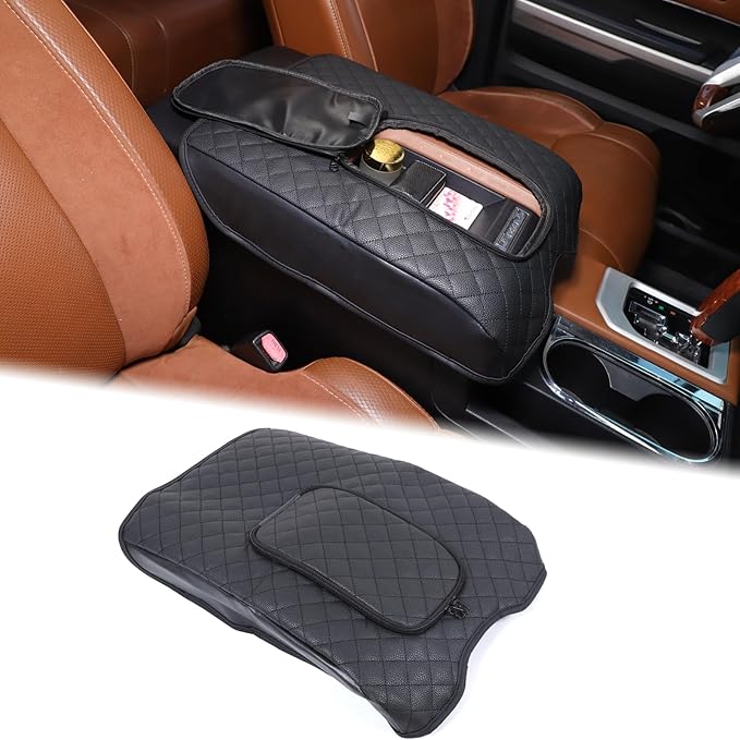 Aunginsy Leather Center Console Armrest Cover Compatible with Toyota Tundra 2014-2021, Car Middle Console Cushion Lid Pad Scratch Protector, Armrest Seat Box Cover with Pocket Storage Bag Accessories
