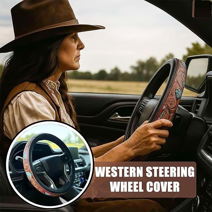 Retro Western Cowboy Car Universal Steering Wheel Cover, Embossed Handcrafted Tooled Leather Western,Anti Slip, Auto Interiors Accessories,Breathable for Trucks SUVs Cars (D)