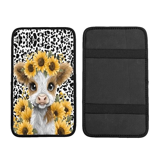 Highland Cow with Sunflowers Car Auto Armrest Cushion Cover Accessories Center Console Seat Box Pad Protector Universal Decoration for Most Vehicle SUV Truck