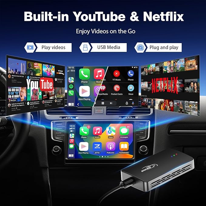 Wireless CarPlay Adapter, 2025 Smart AI Box Supports Netflix/YouTube and More, Dual-Band WiFi & Bluebooth 5.0, Android Auto Magic Box with USB Playback for Cars with Wired CarPlay