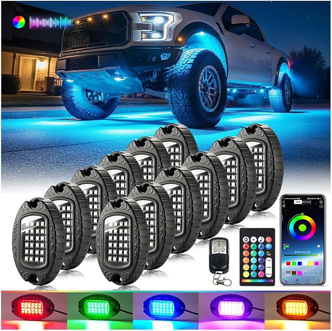 12Pods Heavy Duty Aluminum RGB LED Rock Lights for Trucks Pickup Jeep UTV ATV SXS Off-Road with APP/RF Remote, Segmented IP67 Waterproof Multicolor Underglow Accent Light 12V Plug and Play&Pre Wired