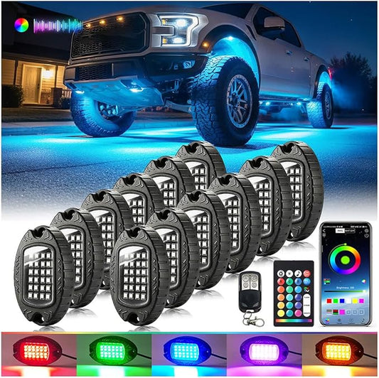 12Pods Heavy Duty Aluminum RGB LED Rock Lights for Trucks Pickup Jeep UTV ATV SXS Off-Road with APP/RF Remote, Segmented IP67 Waterproof Multicolor Underglow Accent Light 12V Plug and Play&Pre Wired