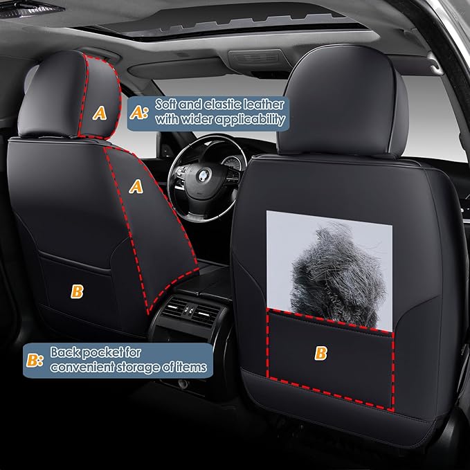 KEYOOG Car Seat Covers Full Set, 2-Seater Waterproof and Breathable Nappa Leather, Fit for Front Seats of Cars, Compatible with Airbags, Car Seat Protector Covers for Most Cars - Pure Black