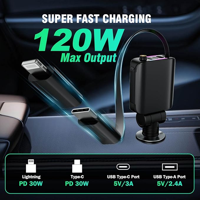 Retractable Car Charger with Starlight, 4 in 1 [120W] USB C for iPhone and Android Car Charger Fast Charging, Compatible with iPhone 16/15/14/13/12/11, Valentines Gifts for Women Men (Black)