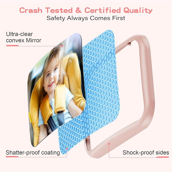 TAZENI Car Mirror for Baby - Hook Clip Design, Never Shake Car Seat Mirror, Rear Facing, Easy Install, Back Seat Crystal Clear View, ShatterProof Tested - Pink