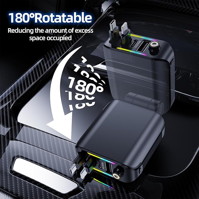 [2026 Ultra-Slim, 75% Less Space] Retractable Car Charger with Starlight, Max 120W USB C Car Charger Adapter, Cars Phone Chargers Fast Charging, Car Chargers for iPhone 17 16 Pro Max Plus and Android