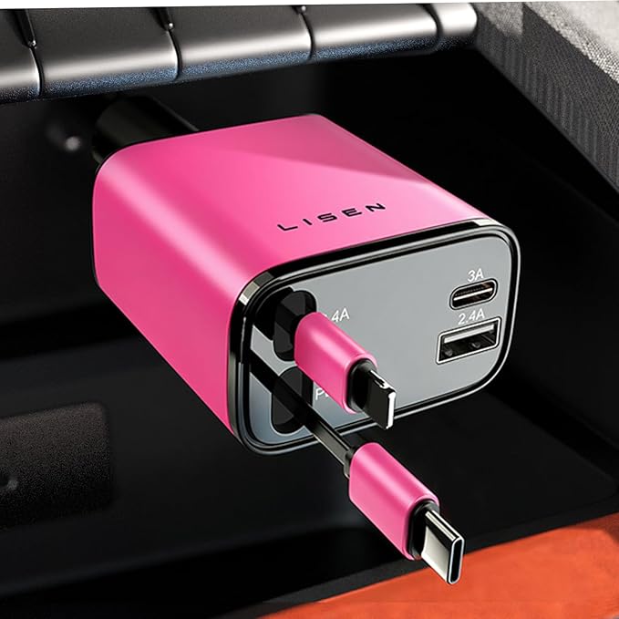 LISEN Retractable Car Charger 4 in 1, Fast Car Phone Charger with Cord 31.5inch, USB C and Apple Cars Adapter, Pink Accessories for Cute Women fit for iPhone 17 16 15 14 13 12 11 X, Samsung S26 S25