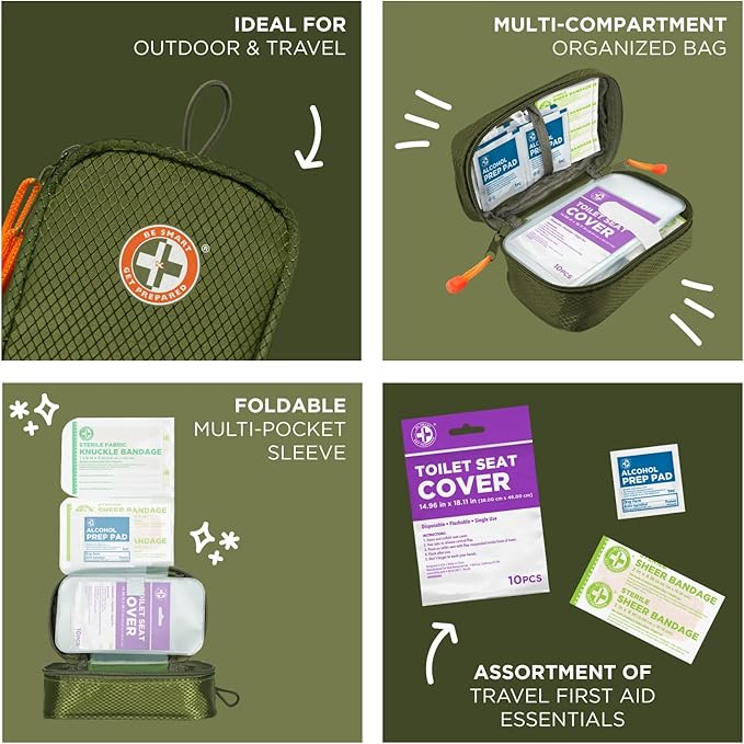 Be Smart Get Prepared's 125 Pieces Travel First aid kit, Carry-on Travel Essentials– PPE, Camping, Hiking, Road Trips, On-The-Go