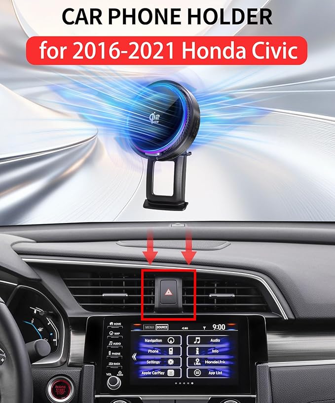 Qi2.2 25W Magnetic Car Mount Charger for 2016-2021 Honda Civic Accessories, for Fast Charging Cell Phone Holder Fixed Clip with Cooling Fan＆54W Fast Adapter