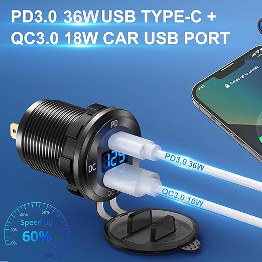 Aluminum Alloy USB C Car Charger Socket,12V USB C Outlet, PD 36W and Quick Charge 3.0 18W Dual Port Waterproof Power Adapter with Voltmeter and Switch for Marine Truck Motorcycle Boat Golf cart RV