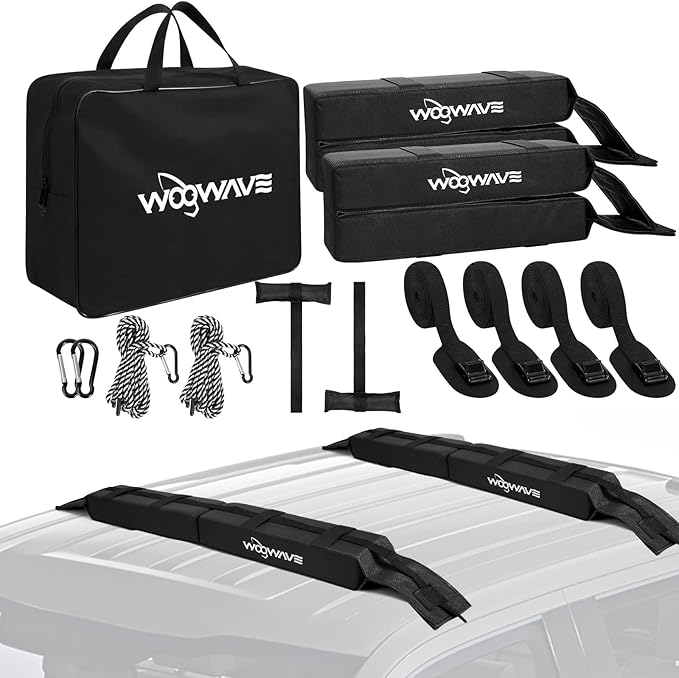 WOOWAVE Premium Kayak Roof Rack Pads Universal Car Soft Roof Rack Kayak Carrier for Canoe/Surfboard/Paddleboard/SUP/Snowboard with Tie Down Straps, Tie Down Rope, Quick Loop Strap and Storage Bag