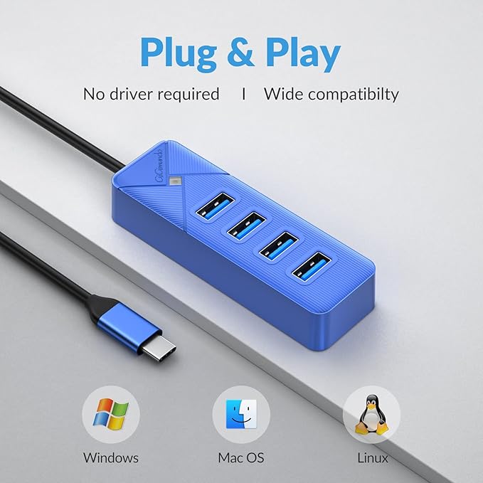 GiGimundo 4-Port USB Hub for Laptop, USB C to USB Hub Multiport Adapter 5Gbps Transfer, USB C Splitter for Laptop, MacBook Pro/Air, iPad Pro, Dell, Chromebook, Keyboard, Mouse, HDD, Blue