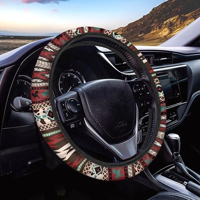 SEANATIVE Red Ethnic Tribes Auto Steering Wheel Cover Universal 14inch-15inch Steering Wheel Covers for Women Car Interior Accessories