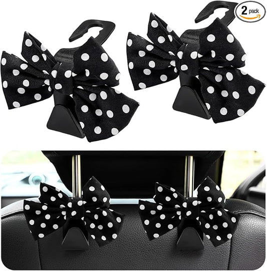 2 PCS Car Seat Headrest Hooks, Cute Bow Shaped Vehicle Backseat Storage Hooks, Leather Bow Shaped Sturdy Car Seat Back Hooks for Purses/Coats/Umbrellas, Car Accessories (Black Dot)