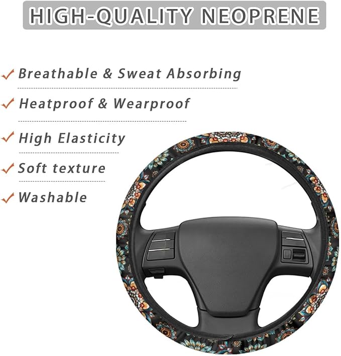 AFPANQZ Bohemia Flower Steering Wheel Covers 14-15" inch Universal Fit Most Car Sedans SUVs Comfort Grip Comfortable Handmade Breathable Steering Wheel Protector