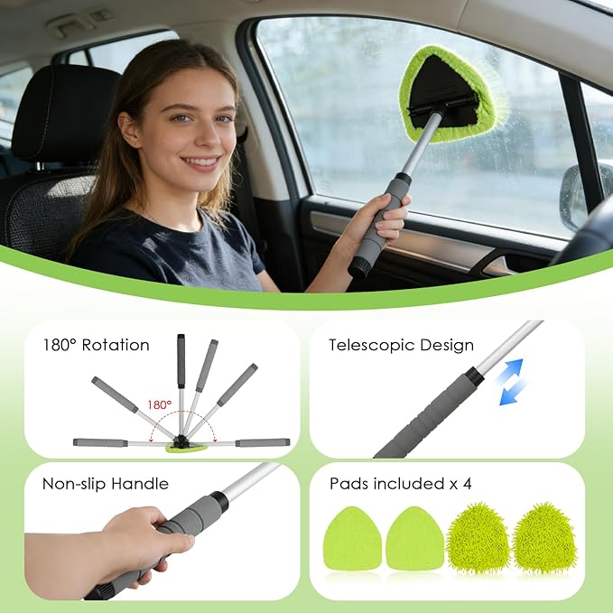 8PCS Windshield Cleaner Tool, Car Windshield Cleaner Tool with Extendable Handle 180° Rotation,Car Window Cleaner with 4 Reusable Microfiber Pads+100ml Spray Bottle+1 Detailing Brush